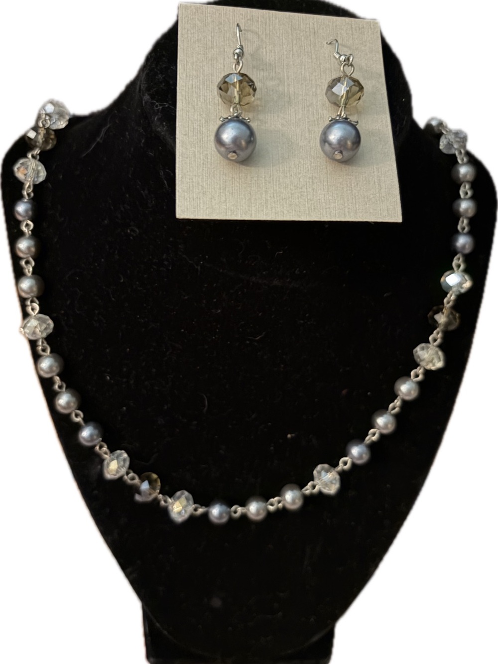 Grey Pearl and Crystal Necklace with Matching Earrings